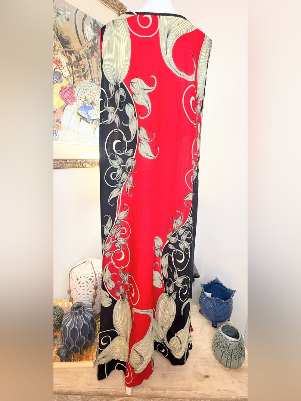 NWT Women’s Maxi Dress M/L Red Black Sleeveless Boho Resort Cruise Art Print - Picture 6 of 10
